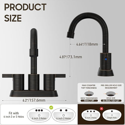 Phiestina 2 or 3 Holes Oil Rubbed Bronze 4 Inch 2 Handle Centerset Lead-Free Bathroom Sink Faucet, 360 Degree Swivel Spout with Copper Pop Up Drain and 2 Water Supply Lines, BF015-1-ORB