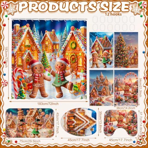 FuWeave 8Pcs Cute Gingerbread Man Christmas Shower Curtain Set, Candy House Xmas Winter Village Bathroom Decor, Includes Non-Slip Bath Rug, U-Shaped Mat, Toilet Lid Cover, Hand Towels & 12 Hooks