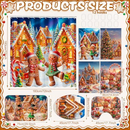 FuWeave 8Pcs Cute Gingerbread Man Christmas Shower Curtain Set, Candy House Xmas Winter Village Bathroom Decor, Includes Non-Slip Bath Rug, U-Shaped Mat, Toilet Lid Cover, Hand Towels & 12 Hooks