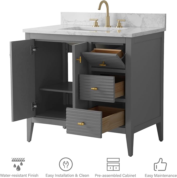 HOMEBEYOND 36" Bathroom Vanity with Sink, Solid Wood Bathroom Vanity Free-Standing Cabinet, Drawers, Ceramic Top & Soft Closing Door, Golden Brushed Handware, Cashmere Gray