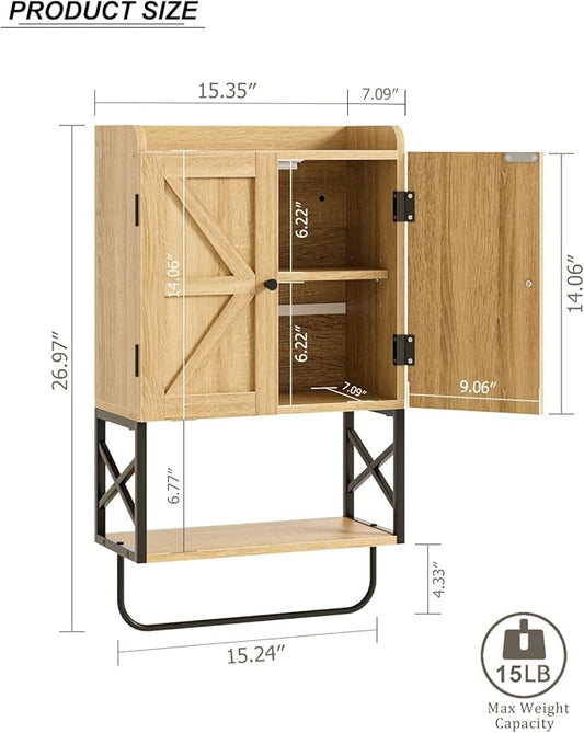 Masupu Bathroom Cabinet Wall Mounted, Wooden Medicine Cupboard with Adjustable Shelves, Space-Saving Wall Storage Unit for Bathroom, Kitchen and Living Room (9" D x 15.35" W x 27.16" H,Countrye Oak)