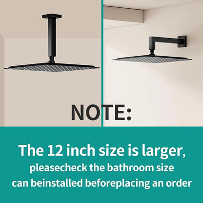 Square Rain Shower Head, High Flow Stainless Steel,Work with any decorative style，All Metal Rainfall Shower Head (Matte Black, 12)