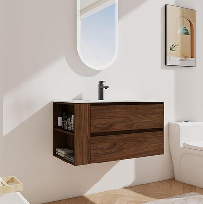 Henf 36 Inch Wall Mount Bathroom Vanity W/Sink Combo, Modern Design Vanity Cabinet with Gel Basin, Floating Mounting Bathroom Cabinet Set with 2 Drawer and Adjustable Storage Shelf,Brown