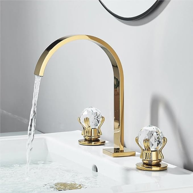 Faucet Brushed Bathroom Basin Sink Taps Deck Mounted Wash Hot and Cold Water Faucet Mixer Tap(Brushed Gold) Faucet