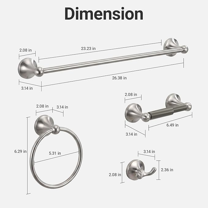 24-Inch Wall Mounted Towel Racks for Bathroom – Space Saver 4-Piece Durable Stainless Steel Bathroom Hardware Set with Towel Bar, Towel Ring, Toilet Paper Holder & Hook, Brushed Nickel