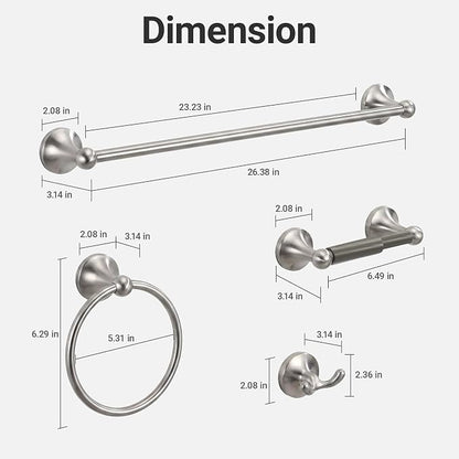24-Inch Wall Mounted Towel Racks for Bathroom – Space Saver 4-Piece Durable Stainless Steel Bathroom Hardware Set with Towel Bar, Towel Ring, Toilet Paper Holder & Hook, Brushed Nickel