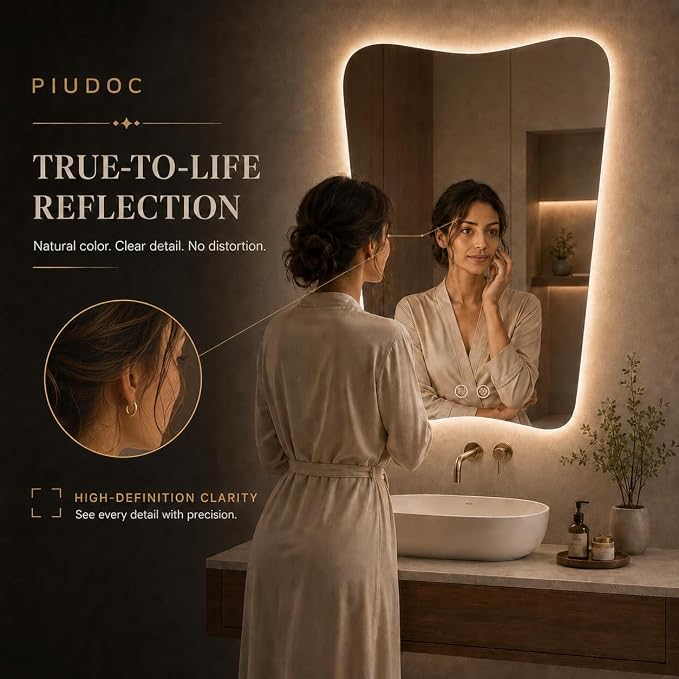 Irregular LED Bathroom Mirror, 24x36 Inch Asymmetrical Frameless Backlit Vanity Mirror with Anti-Fog, Dimmable 3-Color Lights, Tempered Glass, Touch Control, Vertical Wall Mounted