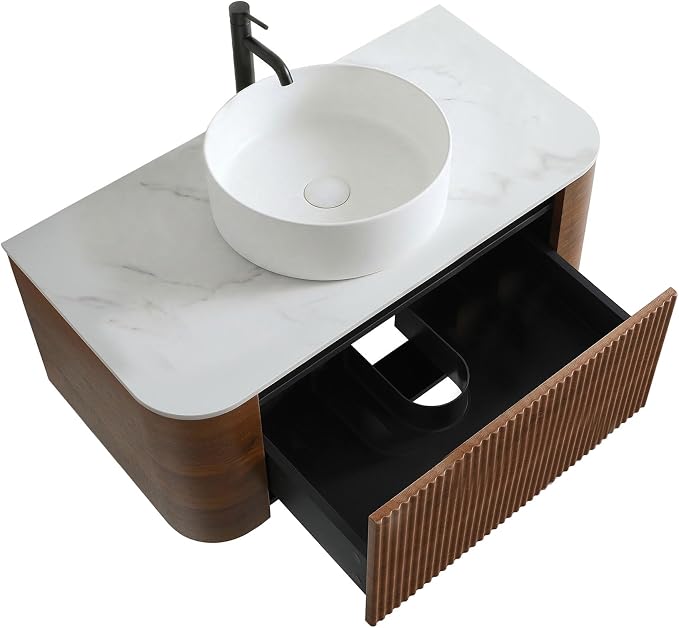 36" Preassembled Floating Bathroom Vanity with Round Sink, Walnut | Mid-Century Modern Style, Fluted & Soft-Close Drawer with U-shaped Wall, Sinterted Stone Countertop, Towel Rack Included