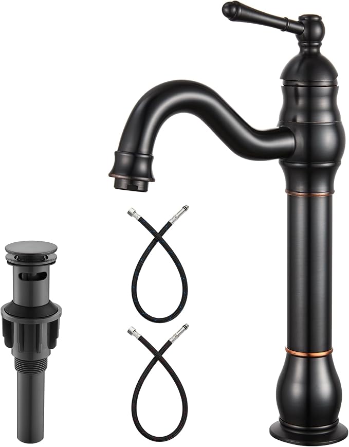 Heyalan Tall Vessel Sink Faucet, Single Handle 1-Hole,Oil Rubbed Bronze | SUS304 stainless steel, 360° swivel spout, includes pop-up drain & hoses, deck mount 1-hole, tall design for vessel sink