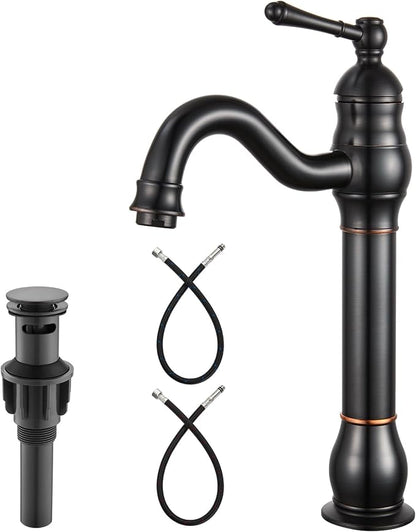 Heyalan Tall Vessel Sink Faucet, Single Handle 1-Hole,Oil Rubbed Bronze | SUS304 stainless steel, 360° swivel spout, includes pop-up drain & hoses, deck mount 1-hole, tall design for vessel sink