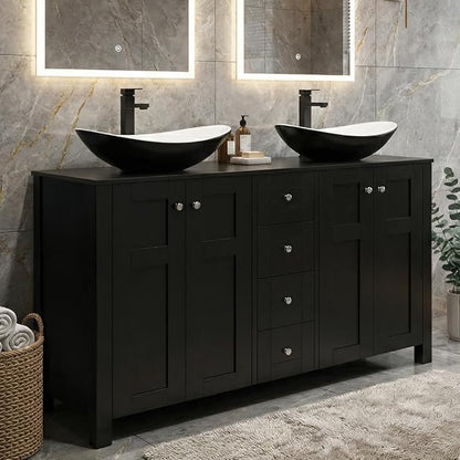 48 Inch Bathroom Vanity with Sink, Traditional Freestanding Black Bathroom Vanity Cabinet with Four Drawers, Pedestal Cabinet with Two Black and White Ceramic Boat Sink
