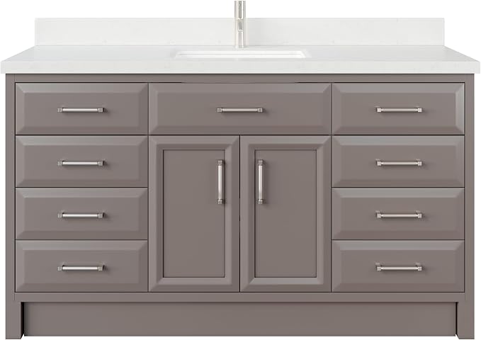 Capri III 60" Single Sink Bathroom Vanity With Stealth Organizer, Solid Wood Bathroom Cabinet with Engineered Stone Countertop & Backspalsh, Soft Closing Door & Drawer, Pre-Assembled, Mink