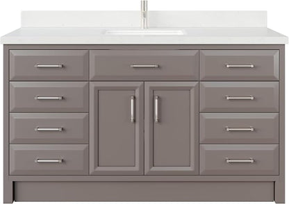 Capri III 60" Single Sink Bathroom Vanity With Stealth Organizer, Solid Wood Bathroom Cabinet with Engineered Stone Countertop & Backspalsh, Soft Closing Door & Drawer, Pre-Assembled, Mink
