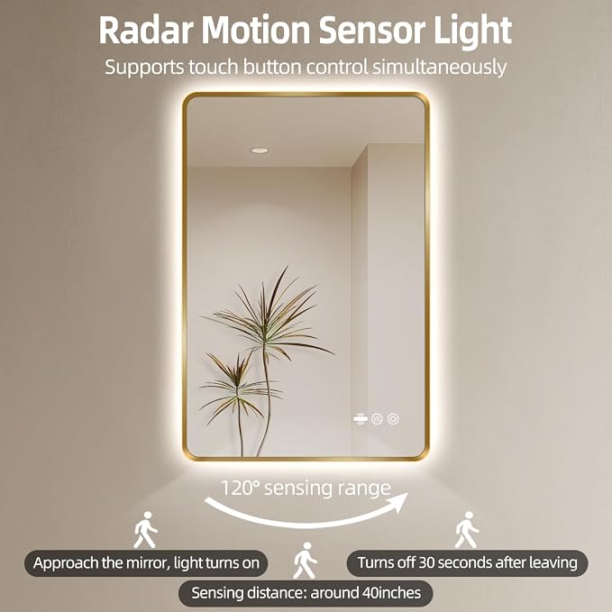 30" x 36" Gold LED Bathroom Mirror with Lights - Motion Sensor | Smart Backlit Mirror Bathroom, Anti-Fog, 3-Color Stepless Dimmable, Memory Function, Metal Framed Rounded-Corner Rectangle