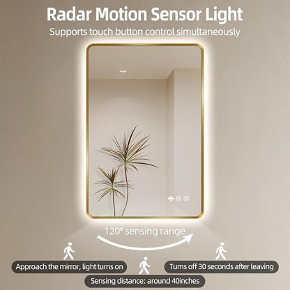 30" x 36" Gold LED Bathroom Mirror with Lights - Motion Sensor | Smart Backlit Mirror Bathroom, Anti-Fog, 3-Color Stepless Dimmable, Memory Function, Metal Framed Rounded-Corner Rectangle