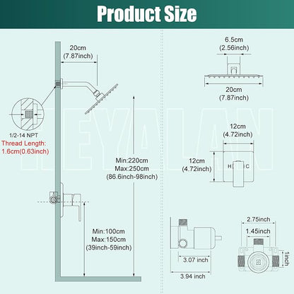 Heyalan 8-Inch Square Rain Shower Faucet Set with Valve, Matte Black | SUS304 stainless steel shower head, male NPT 1/2-inch valve, single-handle control, adjustable angle, 1.8 GPM