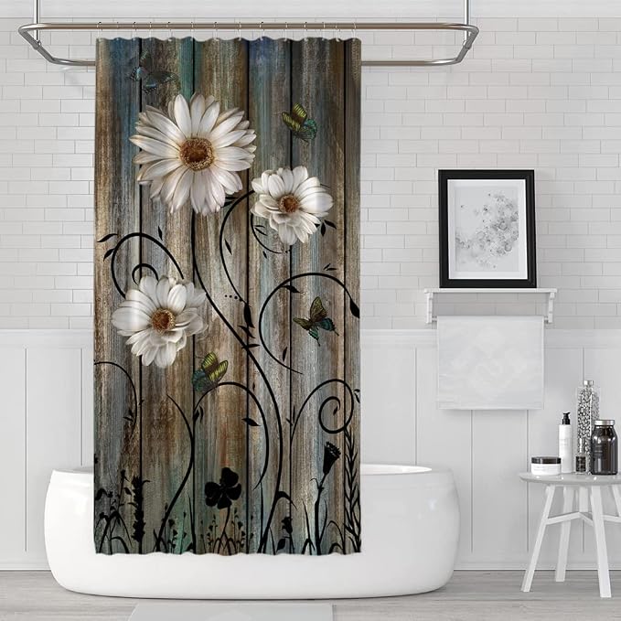 Rustic Shower Curtain Set Grey Daisy Floral Butterfly Shower Curtain for Bathroom Farmhouse Bath Curtain with 12 Hooks American Country Farm Style 36×72 Inches