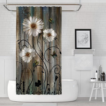 Rustic Shower Curtain Set Grey Daisy Floral Butterfly Shower Curtain for Bathroom Farmhouse Bath Curtain with 12 Hooks American Country Farm Style 36×72 Inches