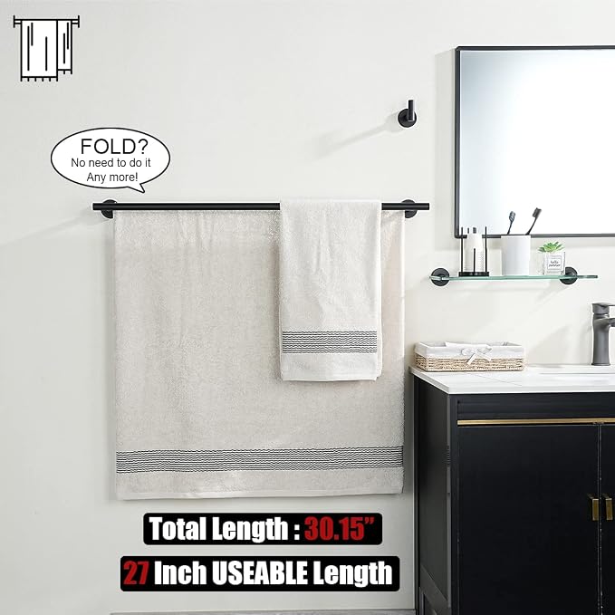 JQK Double Bath Towel Bar, Matte Black 30 Inch 304 Stainless Steel Thicken 0.8mm Towel Rack for Bathroom, Towel Holder Wall Mount, Useable Length 27 Inch, TB100L27-PB