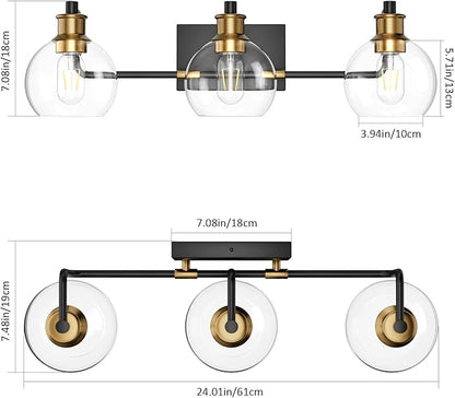 Tipace Black & Gold Vintage Bathroom Vanity Light Fixtures Over Mirror Glass Globe 3 Lights Industrial Vanity Lights Farmhouse Bath Lighting(Exclude Bulb)