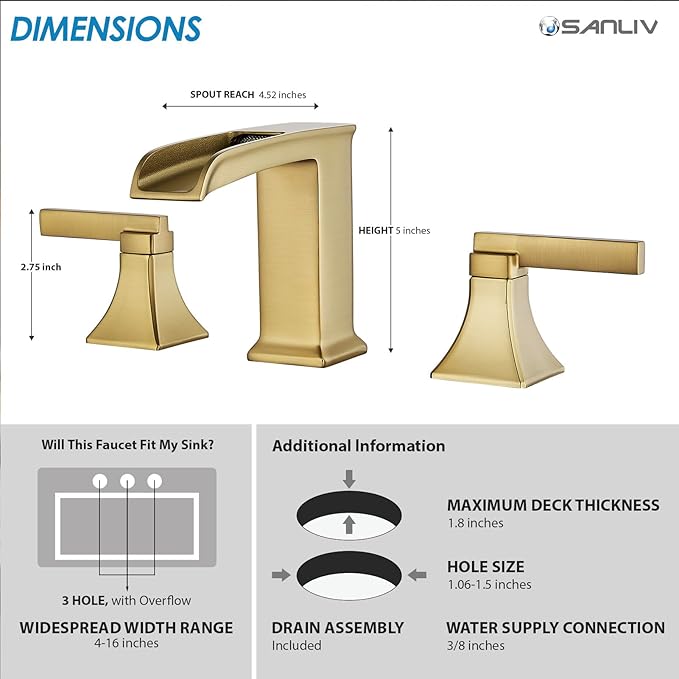 Brushed Gold Bathroom Sink Faucet, 8-Inch Widespread Bathroom Faucets for 3-Hole Sinks, 2-Handle Brass Waterfall Vanity Faucet with Drain Assembly, Champagne Bronze