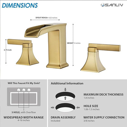 Brushed Gold Bathroom Sink Faucet, 8-Inch Widespread Bathroom Faucets for 3-Hole Sinks, 2-Handle Brass Waterfall Vanity Faucet with Drain Assembly, Champagne Bronze