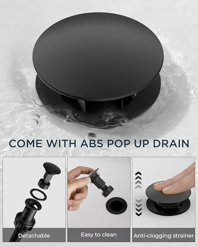 FORIOUS Bathroom Faucet 1 Hole, Waterfall Vanity Sink Faucet Matte Black | Bathroom Sink Faucet 1 or 3 Hole, Square Single Handle with 24" cUPC Supply Line and Pop-up Drain, Fits RV Restroom Basin