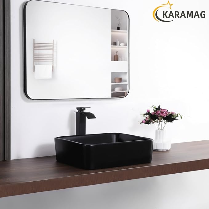Black Vessel Sink,Rectangle 19"x15" Bathroom Sink Above Counter Porcelain Ceramic Small Sink Bowl Ceramic Vessel Sinks for Bathrooms