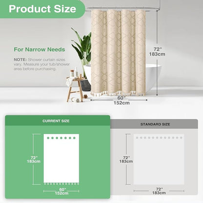Stall Boho Farmhouse Shower Curtain Tufted Geometric 60"x72" Beige | 60 Inch Wide, Elegant Tassel, Lightweight Textured Fabric, Water Repellent, Washable, for Narrow Bathroom/Dorm 10 Hooks