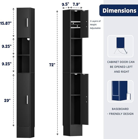 MOHOPE Narrow Bathroom Storage Cabinet, 72" Tall Slim Bathroom Cabinet with 2 Doors & Adjustable Shelves, Skinny Freestanding Floor Cabinet for Small Spaces, Living Room, Black