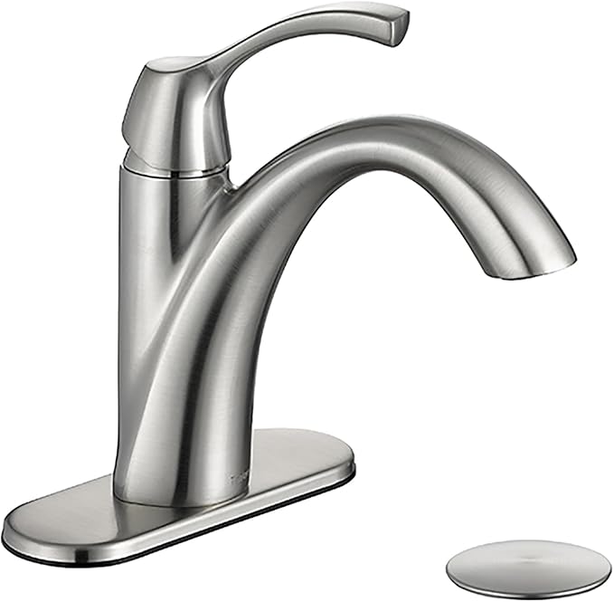 Brushed Nickel 1-Handle Single Hole Bathroom Faucet, 3-Hole Deck Plate, Pop-Up Drain and Water Supply Lines Included, TAF206-BN