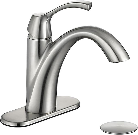 Brushed Nickel 1-Handle Single Hole Bathroom Faucet, 3-Hole Deck Plate, Pop-Up Drain and Water Supply Lines Included, TAF206-BN