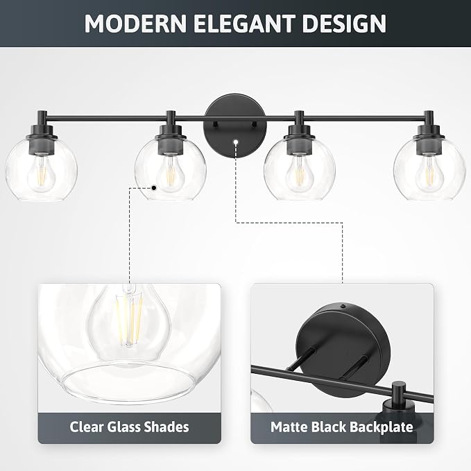 VONLUCE 4 Light Bathroom Vanity Light Fixtures, Black Finish | Globe Glass Shades, E26 Sockets, Easy to install, Vanity Lights for Bedroom Hallway Living Room