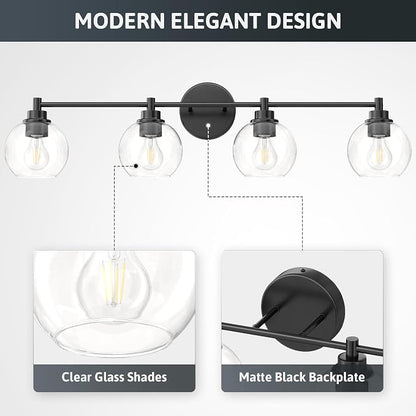VONLUCE 4 Light Bathroom Vanity Light Fixtures, Black Finish | Globe Glass Shades, E26 Sockets, Easy to install, Vanity Lights for Bedroom Hallway Living Room