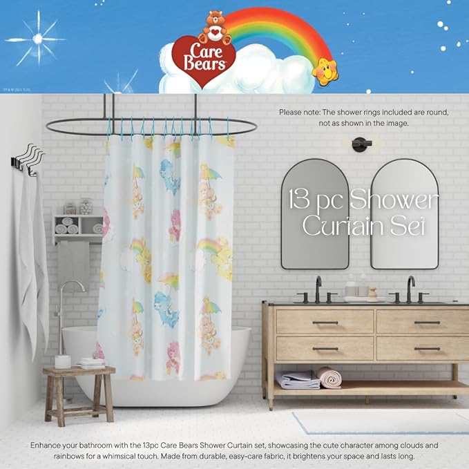 Care Bears 13-Piece Shower Curtain Set, 72 x 72 Inch Fabric Curtain with Hooks, Bathroom Decor, Machine Washable, (100% Officially Licensed Product) by Franco Collectibles