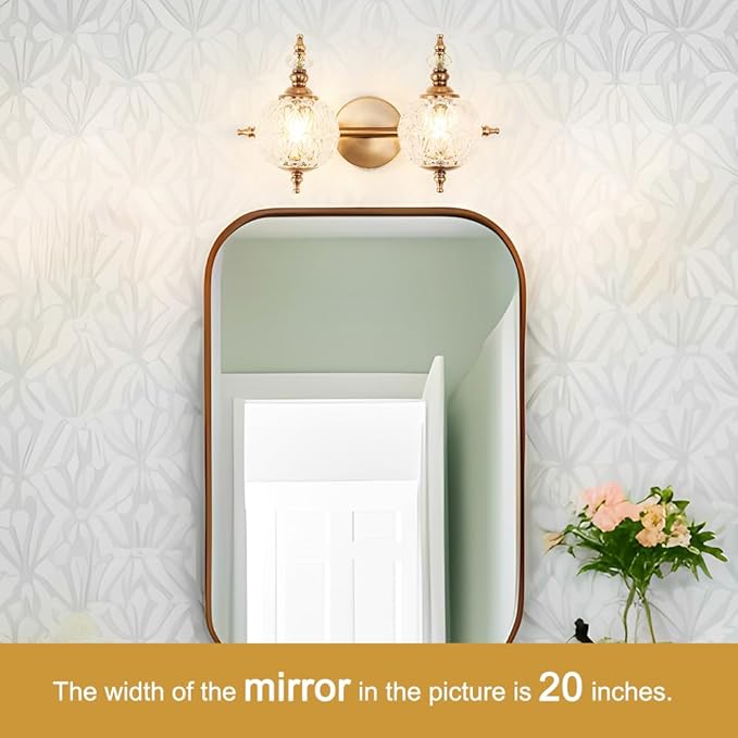 Brushed Gold Bathroom Vanity Light Fixture Vintage Style - 2 Light G9 Bulb Compatible, 17" Wide Bathroom Lighting Over Mirror with Hand-Etched Glass Shades, Easy Mount for Makeup Area