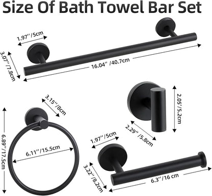 Matte Black Bathroom Hardware Accessories Towel Bar Set 5 Pieces | Stainless Steel Black Towel Rack Set Including 16in Towel Bar Wall Mounted, Toilet Paper Holders, Towel Rings, Towel Hooks