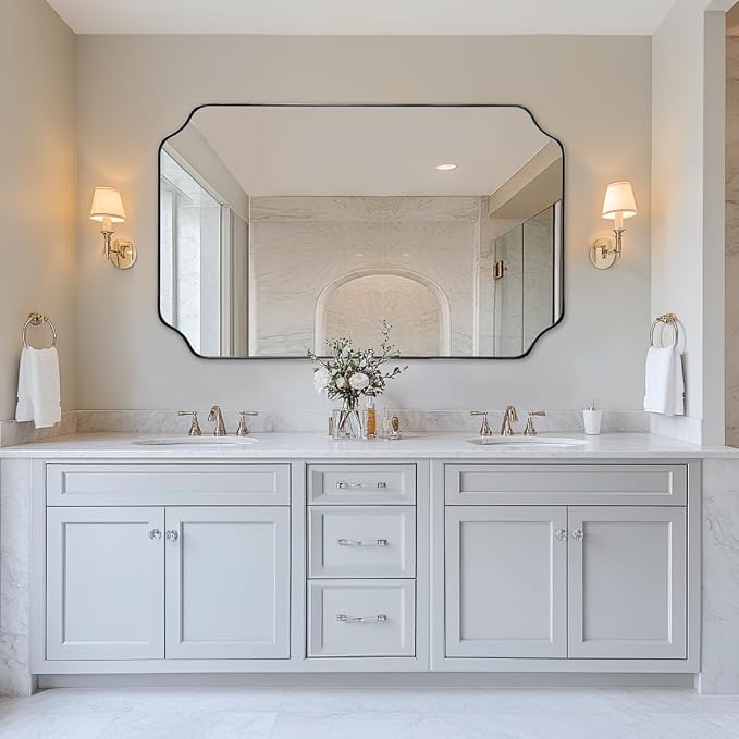 30x48 Inch Brushed Nickel Mirror, Large Silver Rectangle Mirror, Unique Scalloped Edge Design with Anti-Rust Stainless Steel Metal 1’’ Frame, Wall Mounts Vertically or Horizontally