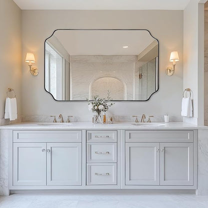 30x48 Inch Brushed Nickel Mirror, Large Silver Rectangle Mirror, Unique Scalloped Edge Design with Anti-Rust Stainless Steel Metal 1’’ Frame, Wall Mounts Vertically or Horizontally