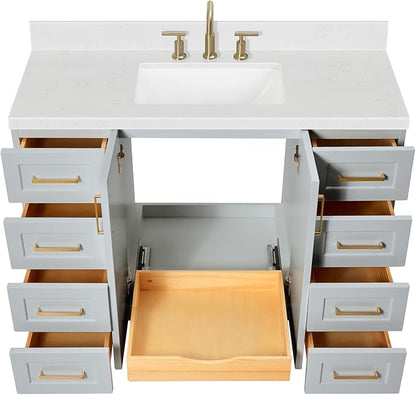 Emilia 48-Inch Bathroom Vanity with Sink — Grey Single Sink Bathroom Vanity, 1.5" Edge Carrara Quartz Countertop, Solid Wood, 2 Soft Closing Doors, 9 Dovetail Drawers