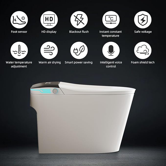 Smart Toilet with Bidet Built In ADA Height 17.7", 1.28GPF Power Flush, One Piece Bidet Toilet Design with Heated Seat, Voice Control, Remote Control, Foam Shield, Tankless Modern Toilet BSJ