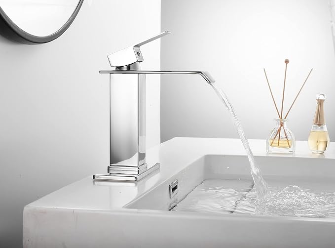 Bathroom Faucet Chrome Waterfall with Pop Up Drain for Sink 1 Hole | Bathroom Sink Faucet Bath Lavatory Vanity Stopper Overflow and Supply Hose Single Handle Square Modern Commercial