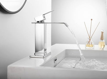 Bathroom Faucet Chrome Waterfall with Pop Up Drain for Sink 1 Hole | Bathroom Sink Faucet Bath Lavatory Vanity Stopper Overflow and Supply Hose Single Handle Square Modern Commercial