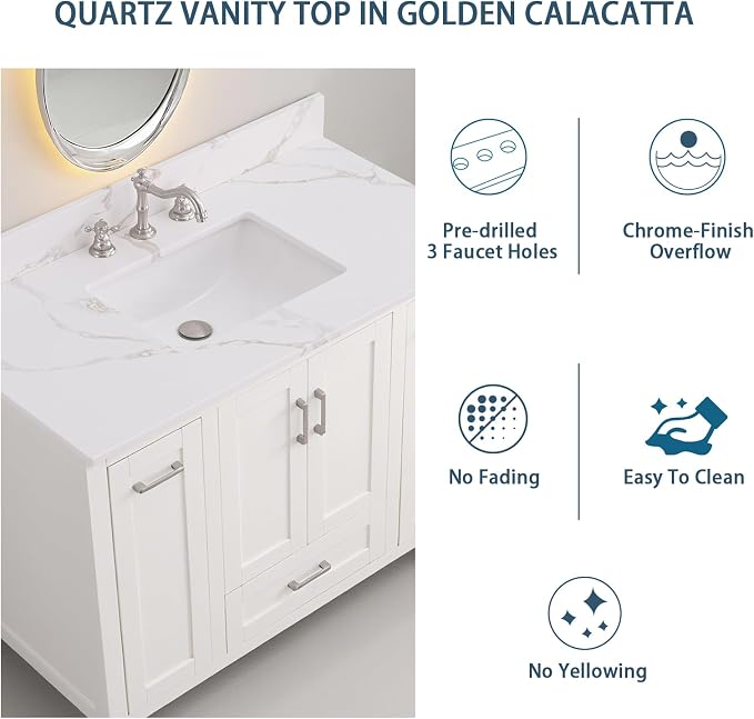 42x22 Vanity Top with Sink, Golden Calacatta Quartz Countertop with Middle Undermount Sink & Backsplash,8in. Faucet Hole Spacing Bathroom Vanity Sink Top