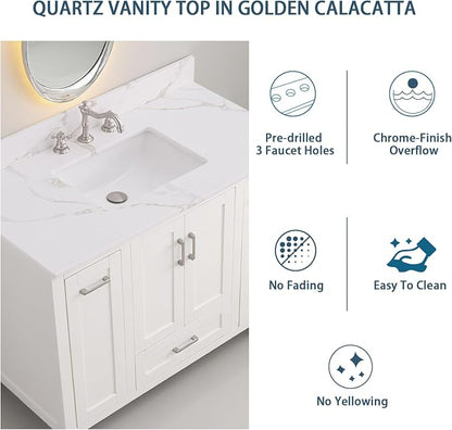 42x22 Vanity Top with Sink, Golden Calacatta Quartz Countertop with Middle Undermount Sink & Backsplash,8in. Faucet Hole Spacing Bathroom Vanity Sink Top