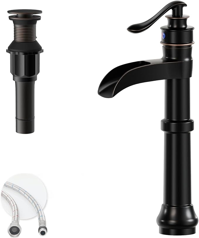 Oil Rubbed Bronze Vessel Sink Faucet Brass Tall Waterfall Bathroom Faucet | Single Handle Bathroom Sink Faucets with Pop Up Drain Without Overflow and Supply Hoses Mixer Tap Deck Mount by BATHLAVISH