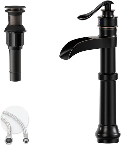 Oil Rubbed Bronze Vessel Sink Faucet Brass Tall Waterfall Bathroom Faucet | Single Handle Bathroom Sink Faucets with Pop Up Drain Without Overflow and Supply Hoses Mixer Tap Deck Mount by BATHLAVISH