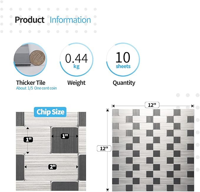 Art3d 10-Pack Metal Peel and Stick Backsplash Tile, Silver Aluminium | 12" x 12", Stainless Steel, Self Adhesive, Anti-Corrosion, Waterproof, Lightweight, Ideal for Kitchens, Bathrooms