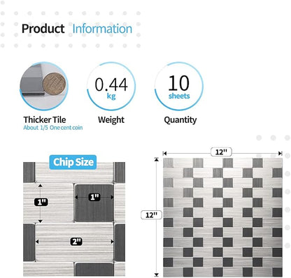 Art3d 10-Pack Metal Peel and Stick Backsplash Tile, Silver Aluminium | 12" x 12", Stainless Steel, Self Adhesive, Anti-Corrosion, Waterproof, Lightweight, Ideal for Kitchens, Bathrooms