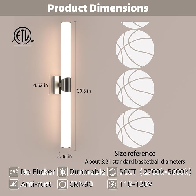 30" Brushed Nickel Bathroom Vanity Lights, Wall Lighting Fixtures | Modern Wall Light for Bathroom Bedroom Living Room Hallway